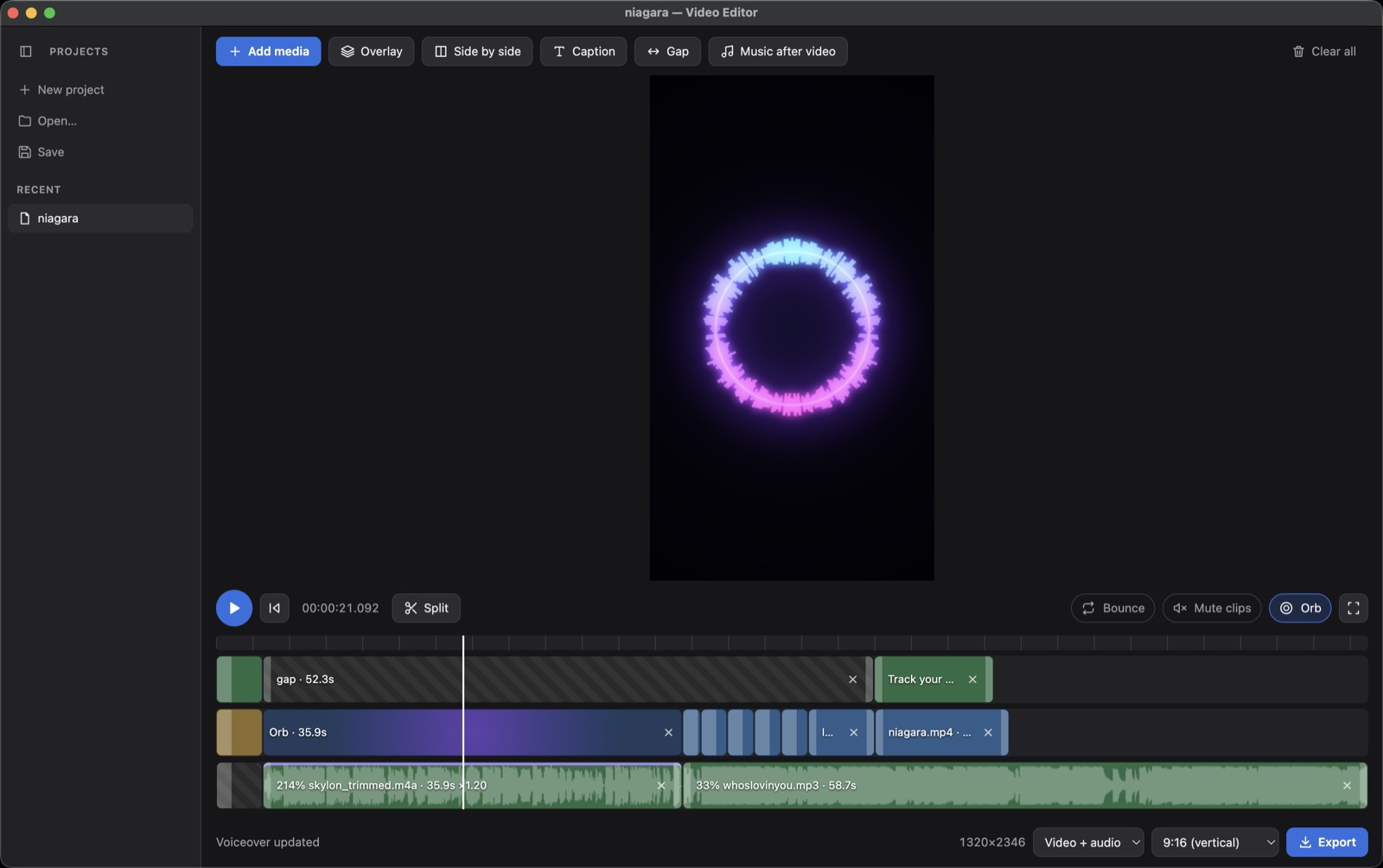 ChopChop on Mac: timeline with video, overlay and audio tracks